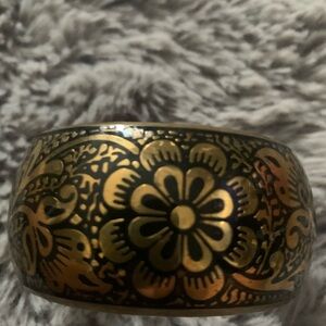 Hand-Painted Floral Metal Accent Bangle - Gold and Black